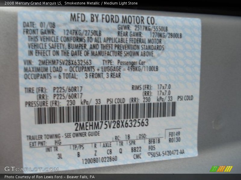 2008 Grand Marquis LS Smokestone Metallic Color Code HG