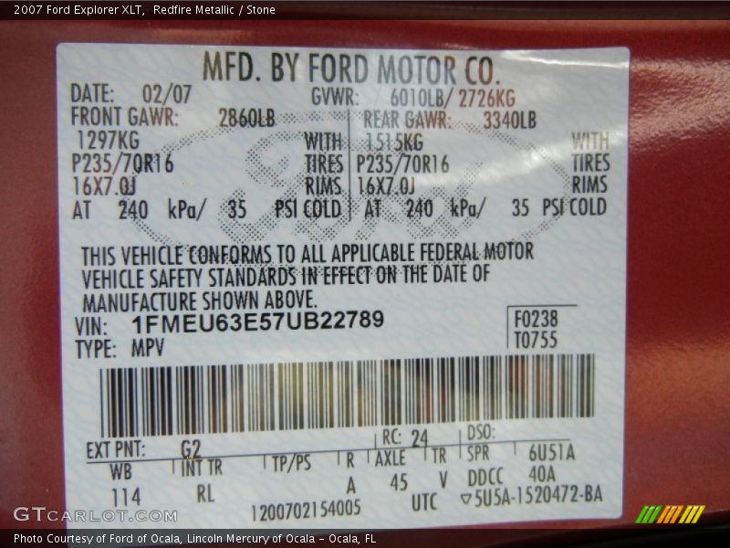 2007 Explorer XLT Redfire Metallic Color Code G2