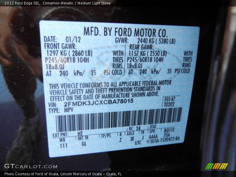 Cinnamon Metallic / Medium Light Stone 2012 Ford Edge SEL