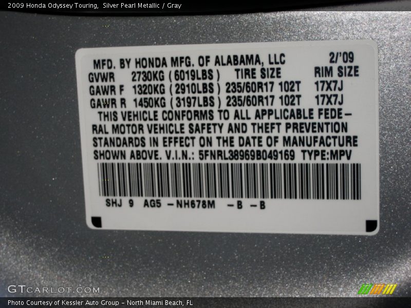Silver Pearl Metallic / Gray 2009 Honda Odyssey Touring
