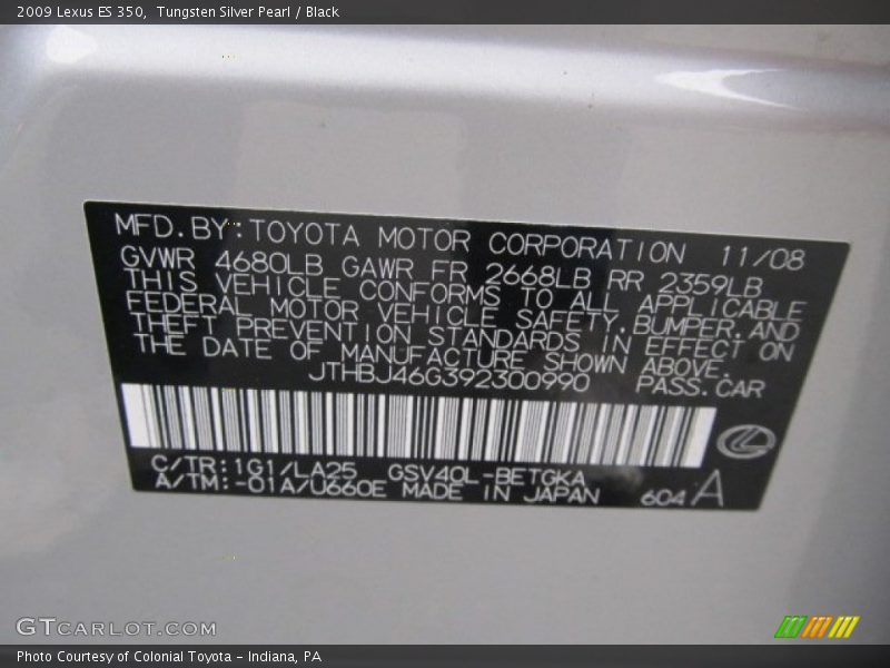 Tungsten Silver Pearl / Black 2009 Lexus ES 350