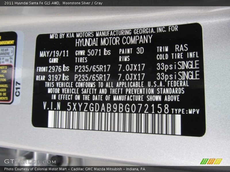 Moonstone Silver / Gray 2011 Hyundai Santa Fe GLS AWD