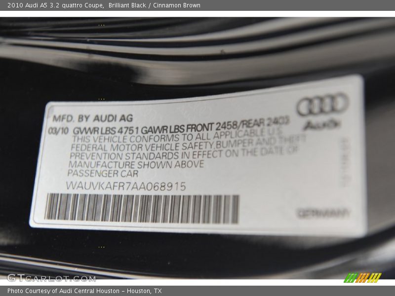 Brilliant Black / Cinnamon Brown 2010 Audi A5 3.2 quattro Coupe