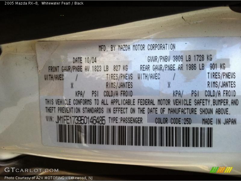 2005 RX-8  Whitewater Pearl Color Code 25D