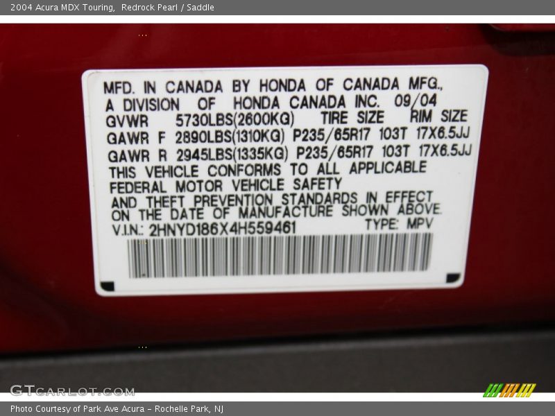 Info Tag of 2004 MDX Touring