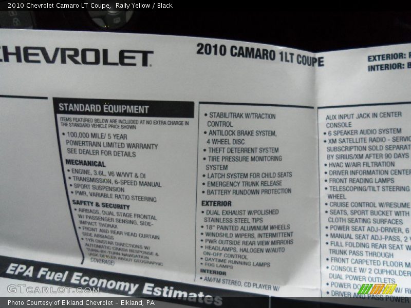  2010 Camaro LT Coupe Window Sticker