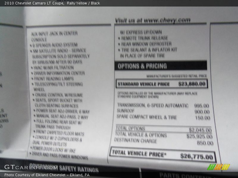  2010 Camaro LT Coupe Window Sticker