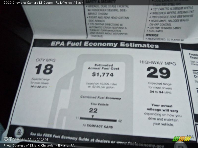  2010 Camaro LT Coupe Window Sticker