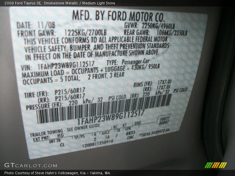 2009 Taurus SE Smokestone Metallic Color Code HG