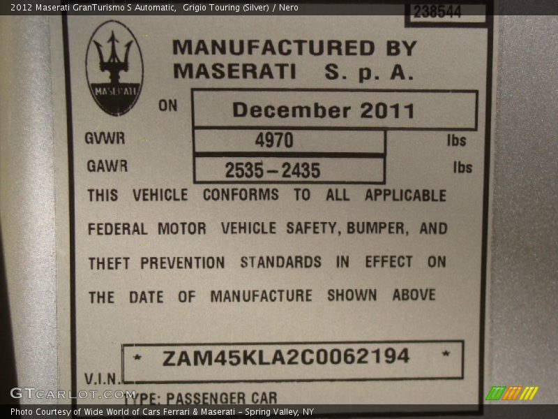 Grigio Touring (Silver) / Nero 2012 Maserati GranTurismo S Automatic