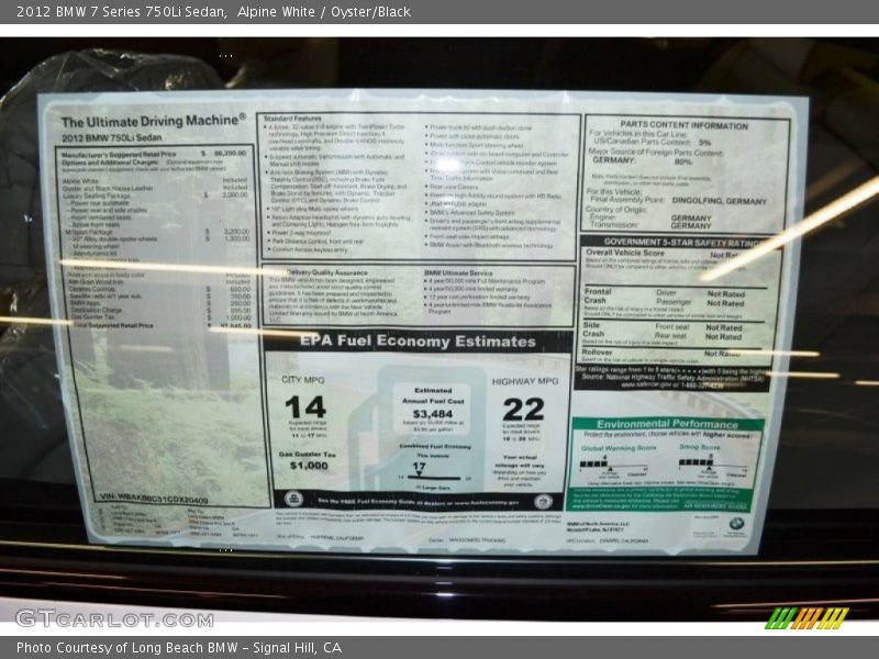 Alpine White / Oyster/Black 2012 BMW 7 Series 750Li Sedan