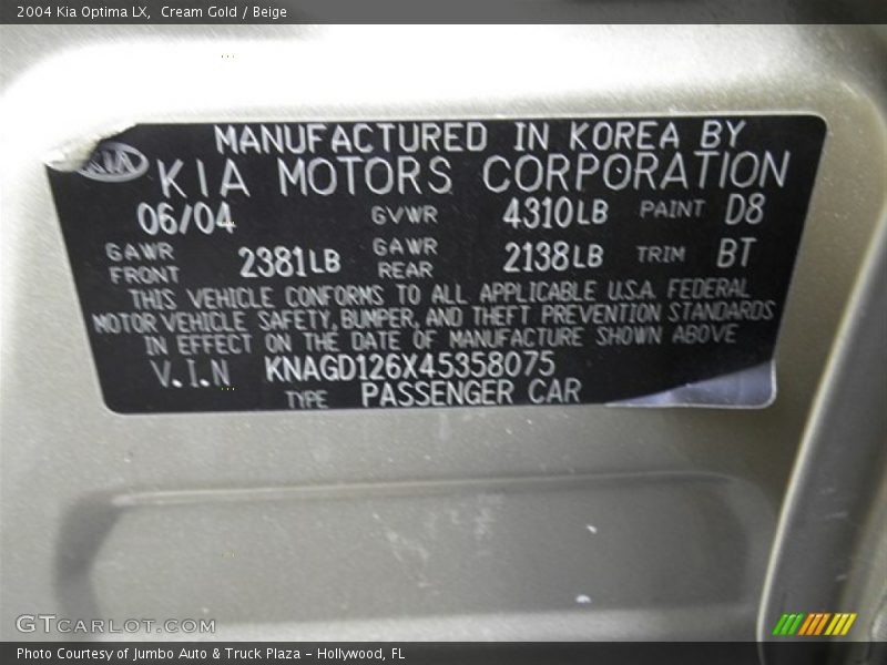 Cream Gold / Beige 2004 Kia Optima LX