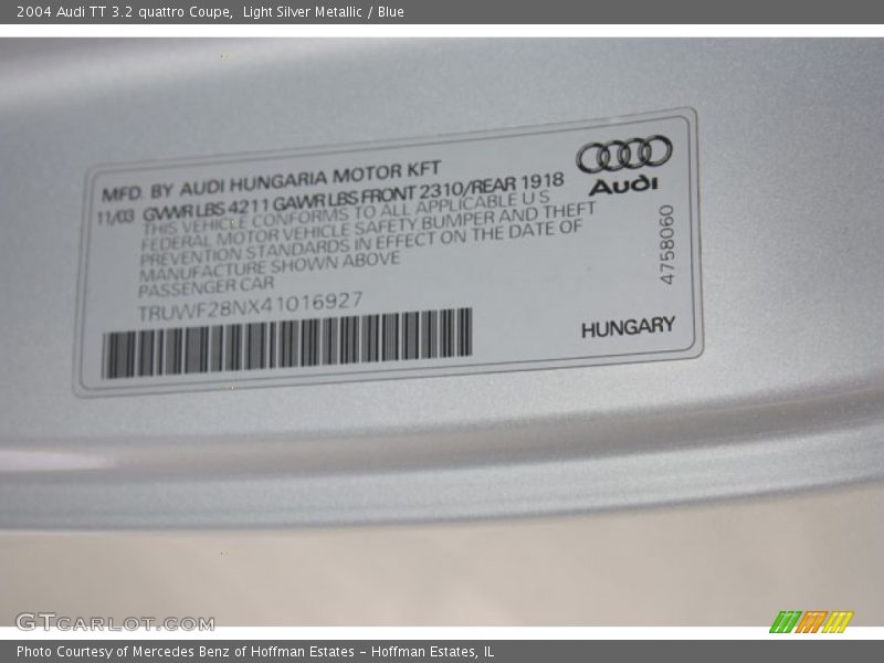 Light Silver Metallic / Blue 2004 Audi TT 3.2 quattro Coupe