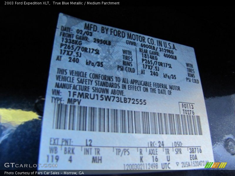 2003 Expedition XLT True Blue Metallic Color Code L2