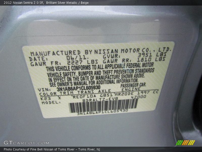 Brilliant Silver Metallic / Beige 2012 Nissan Sentra 2.0 SR
