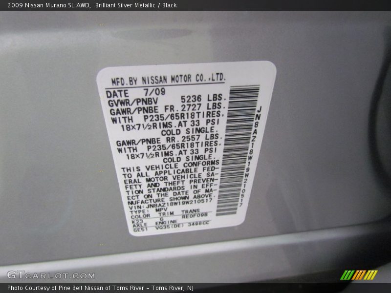 Brilliant Silver Metallic / Black 2009 Nissan Murano SL AWD