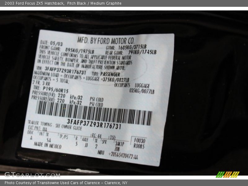 2003 Focus ZX5 Hatchback Pitch Black Color Code UA