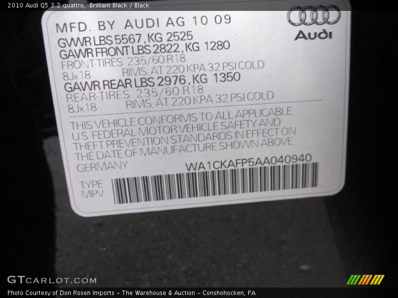 Brilliant Black / Black 2010 Audi Q5 3.2 quattro