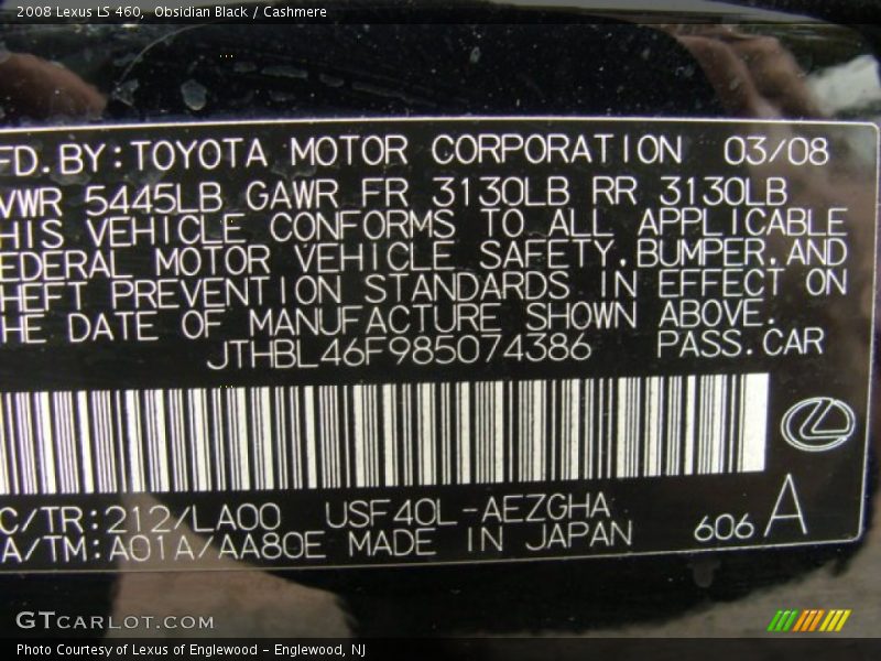 2008 LS 460 Obsidian Black Color Code 212