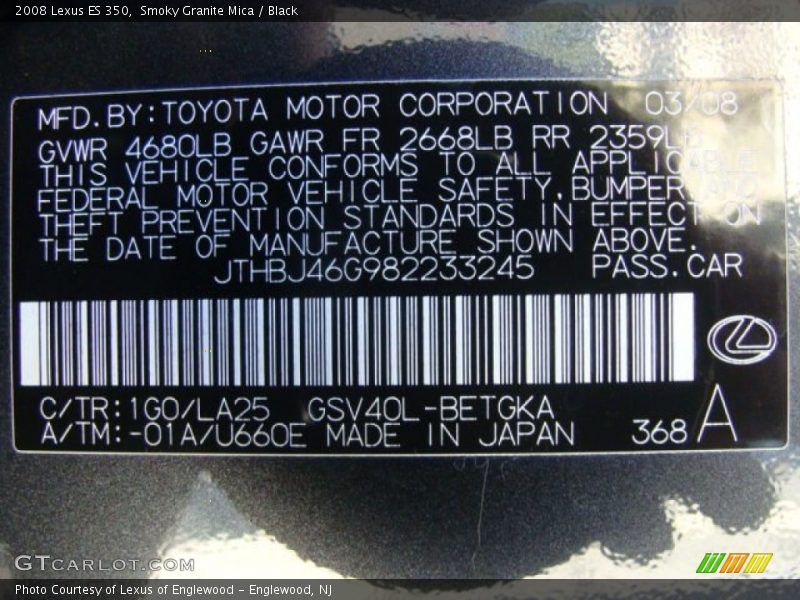 Smoky Granite Mica / Black 2008 Lexus ES 350