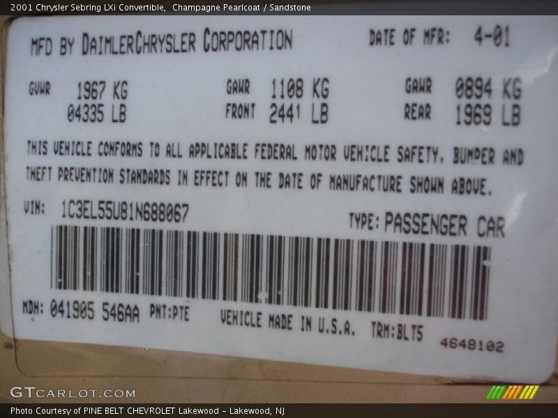 2001 Sebring LXi Convertible Champagne Pearlcoat Color Code PTE