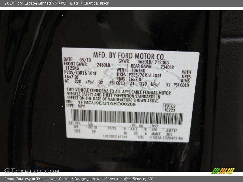 Black / Charcoal Black 2010 Ford Escape Limited V6 4WD