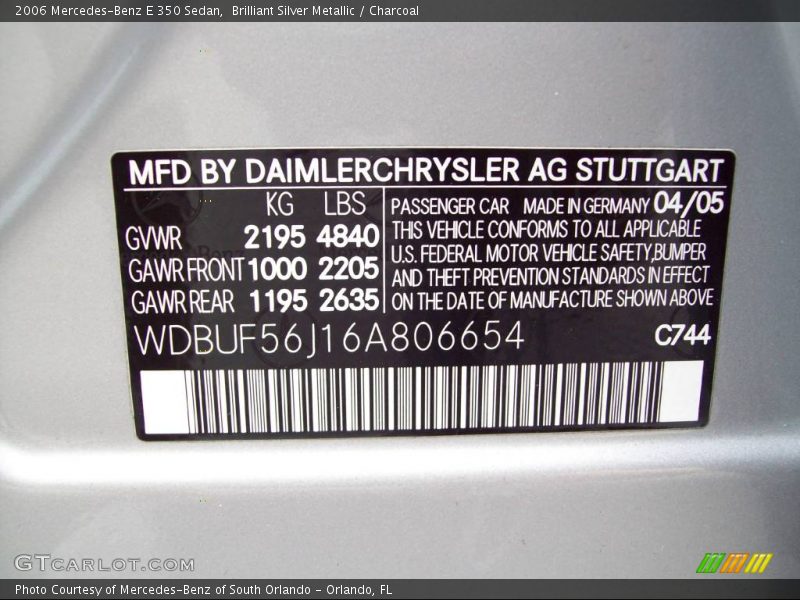 Brilliant Silver Metallic / Charcoal 2006 Mercedes-Benz E 350 Sedan