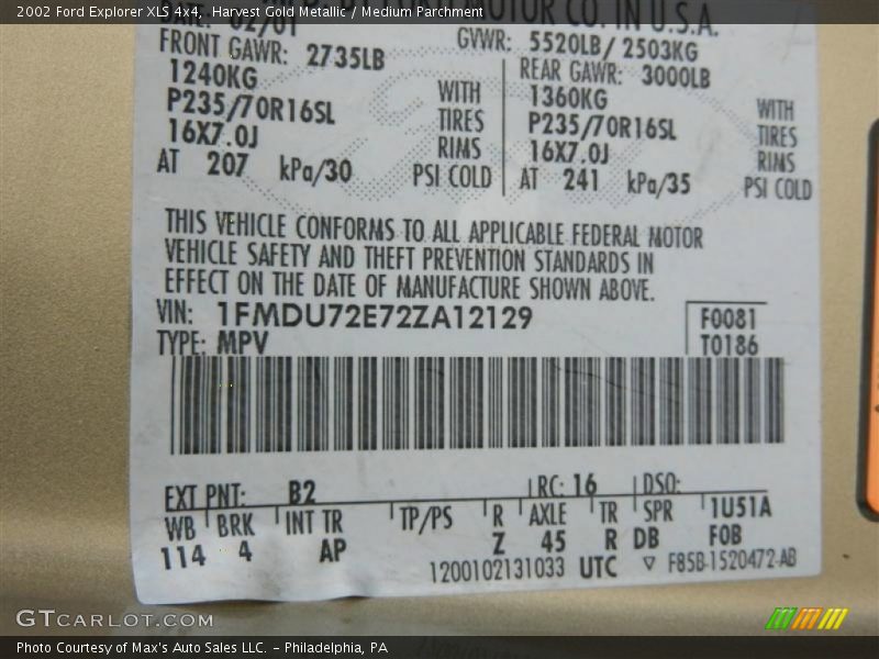 2002 Explorer XLS 4x4 Harvest Gold Metallic Color Code B2