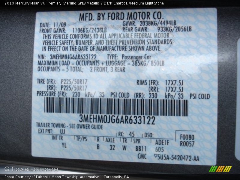 2010 Milan V6 Premier Sterling Gray Metallic Color Code UJ
