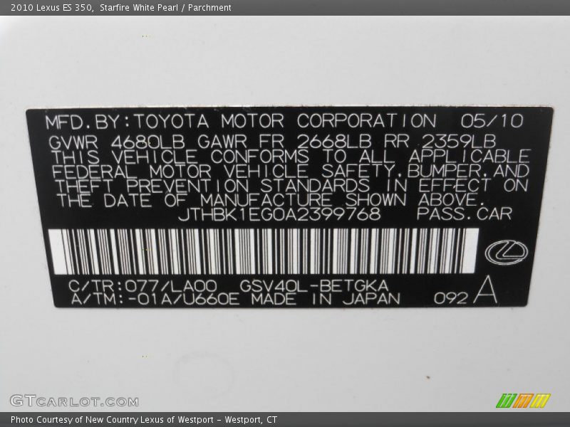 Starfire White Pearl / Parchment 2010 Lexus ES 350