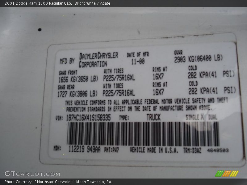 2001 Ram 1500 Regular Cab Bright White Color Code PW7