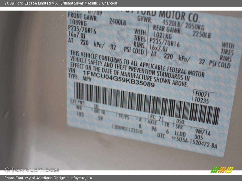 2009 Escape Limited V6 Brilliant Silver Metallic Color Code UI