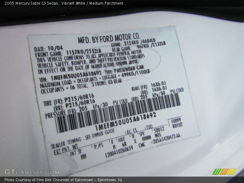 Vibrant White / Medium Parchment 2005 Mercury Sable GS Sedan