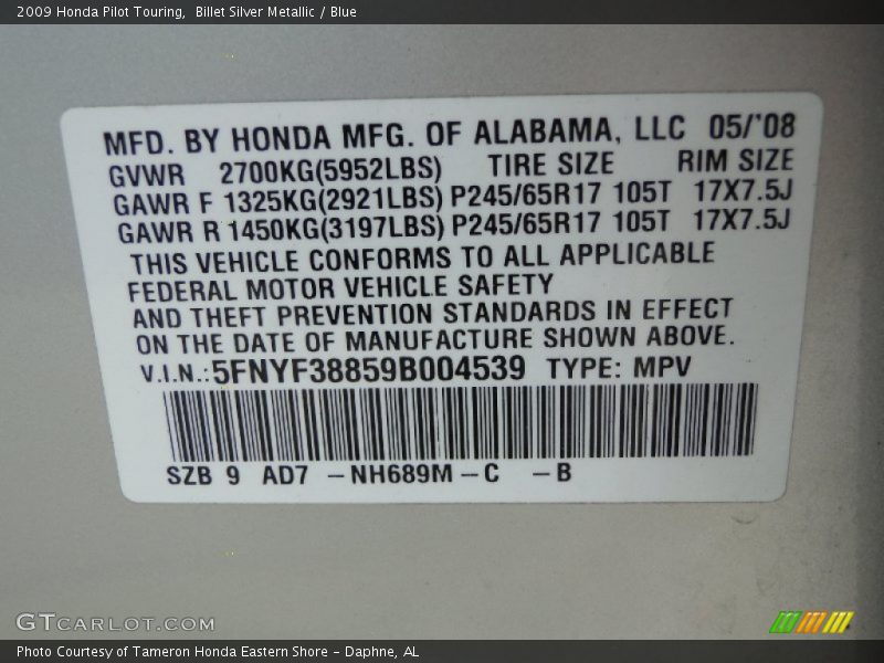 2009 Pilot Touring Billet Silver Metallic Color Code NH689M