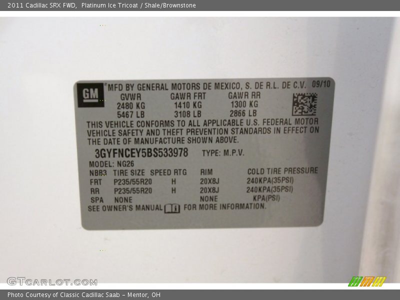 Platinum Ice Tricoat / Shale/Brownstone 2011 Cadillac SRX FWD