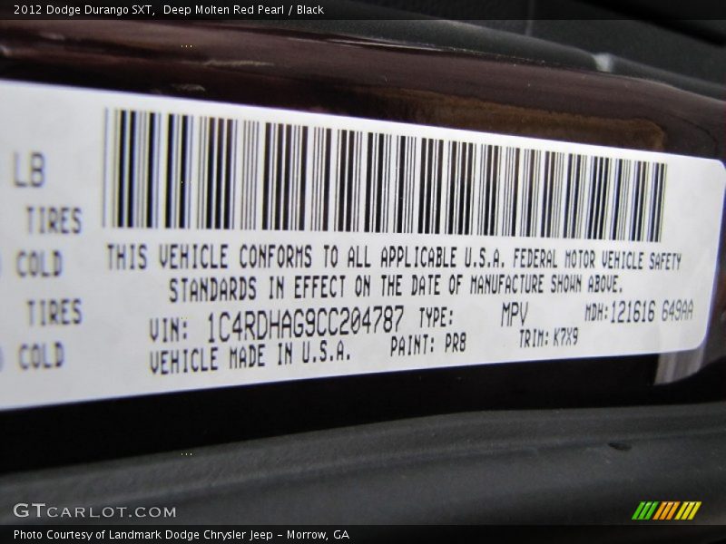2012 Durango SXT Deep Molten Red Pearl Color Code PR8