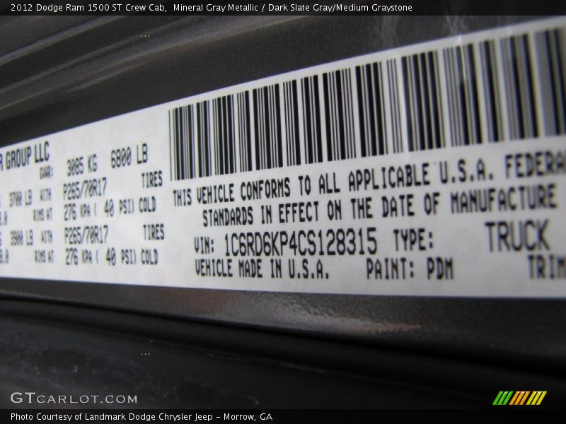 2012 Ram 1500 ST Crew Cab Mineral Gray Metallic Color Code PDM