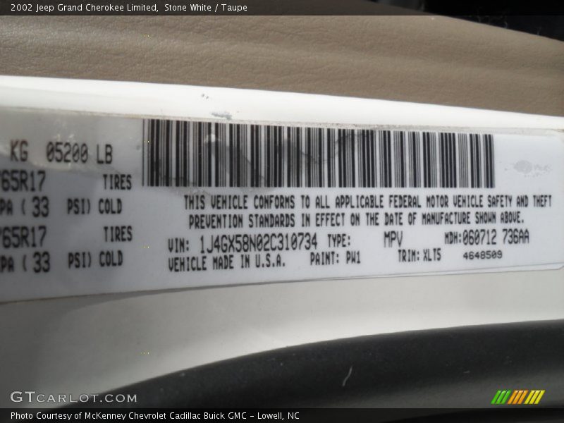 2002 Grand Cherokee Limited Stone White Color Code PW1