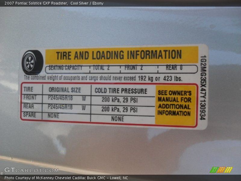 Info Tag of 2007 Solstice GXP Roadster