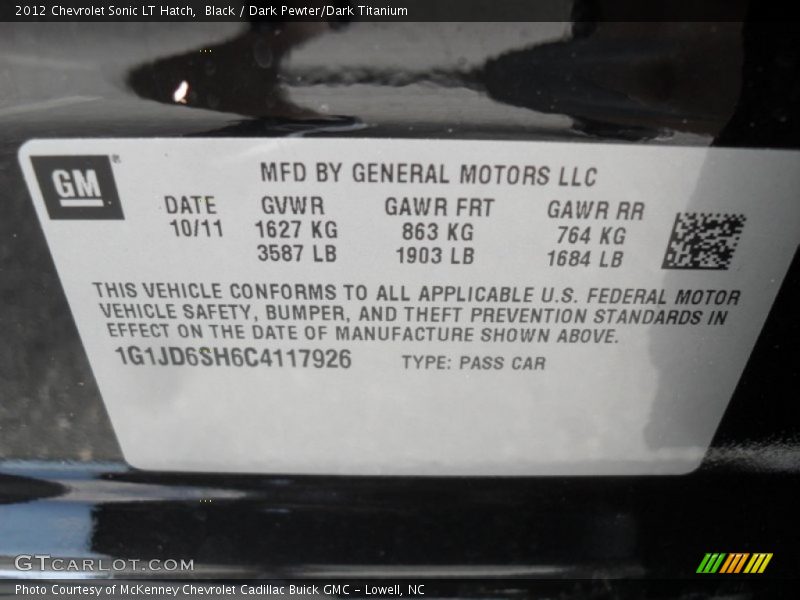 Black / Dark Pewter/Dark Titanium 2012 Chevrolet Sonic LT Hatch