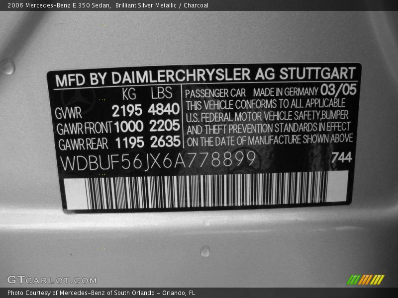 Brilliant Silver Metallic / Charcoal 2006 Mercedes-Benz E 350 Sedan