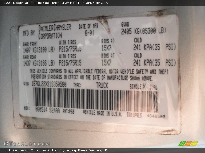 Bright Silver Metallic / Dark Slate Gray 2001 Dodge Dakota Club Cab