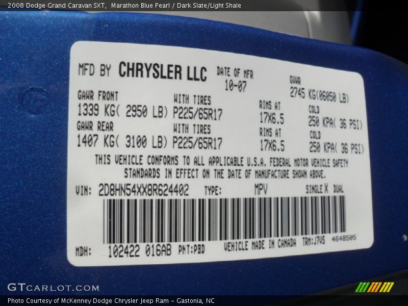 2008 Grand Caravan SXT Marathon Blue Pearl Color Code PBD