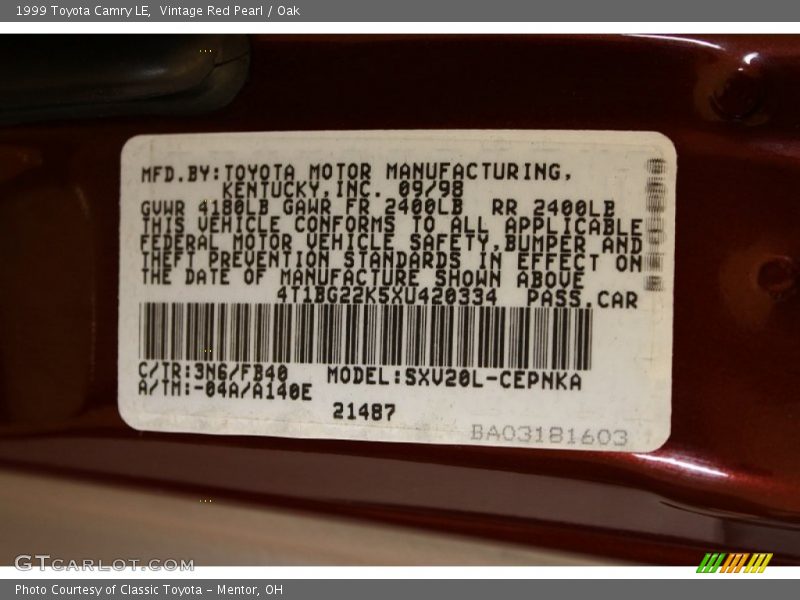 Vintage Red Pearl / Oak 1999 Toyota Camry LE