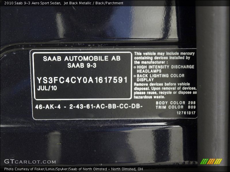 2010 9-3 Aero Sport Sedan Jet Black Metallic Color Code 298