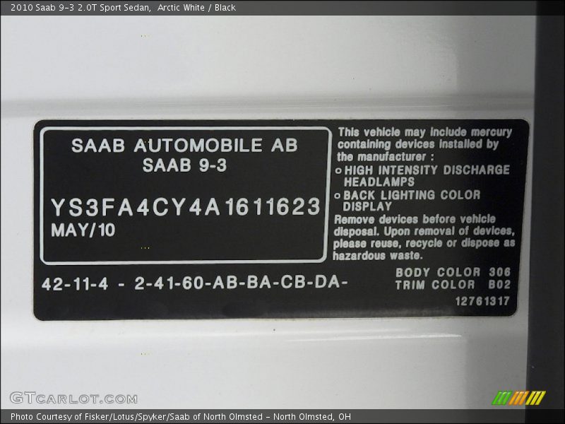 2010 9-3 2.0T Sport Sedan Arctic White Color Code 306