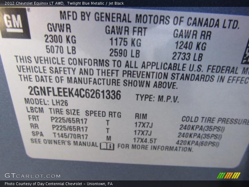 Twilight Blue Metallic / Jet Black 2012 Chevrolet Equinox LT AWD