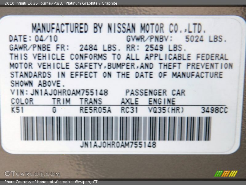 Platinum Graphite / Graphite 2010 Infiniti EX 35 Journey AWD