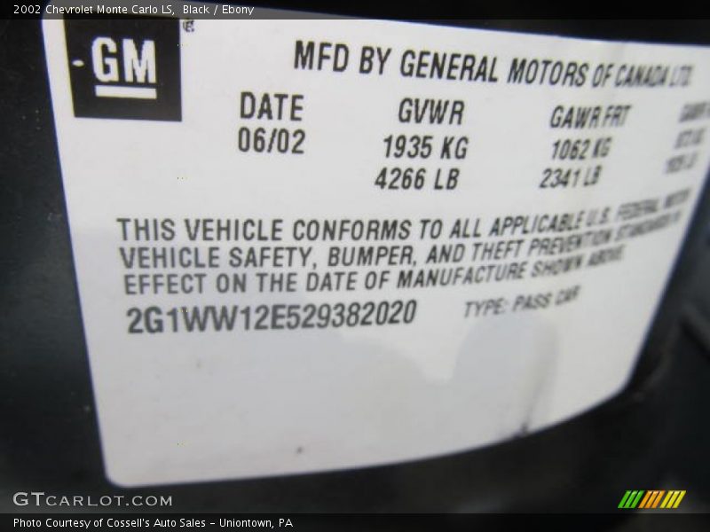 Black / Ebony 2002 Chevrolet Monte Carlo LS