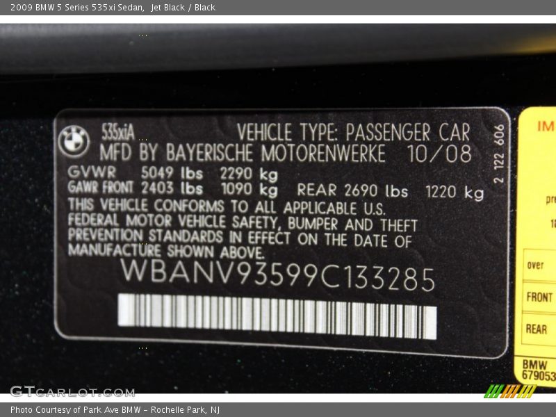 Jet Black / Black 2009 BMW 5 Series 535xi Sedan